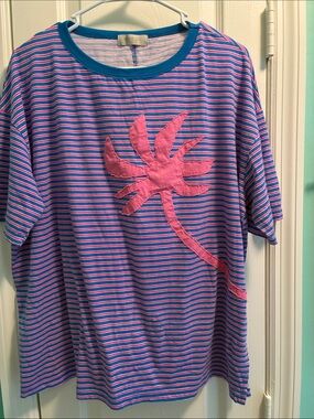 Free People Blue & Pink Striped Tee with Palm Applique